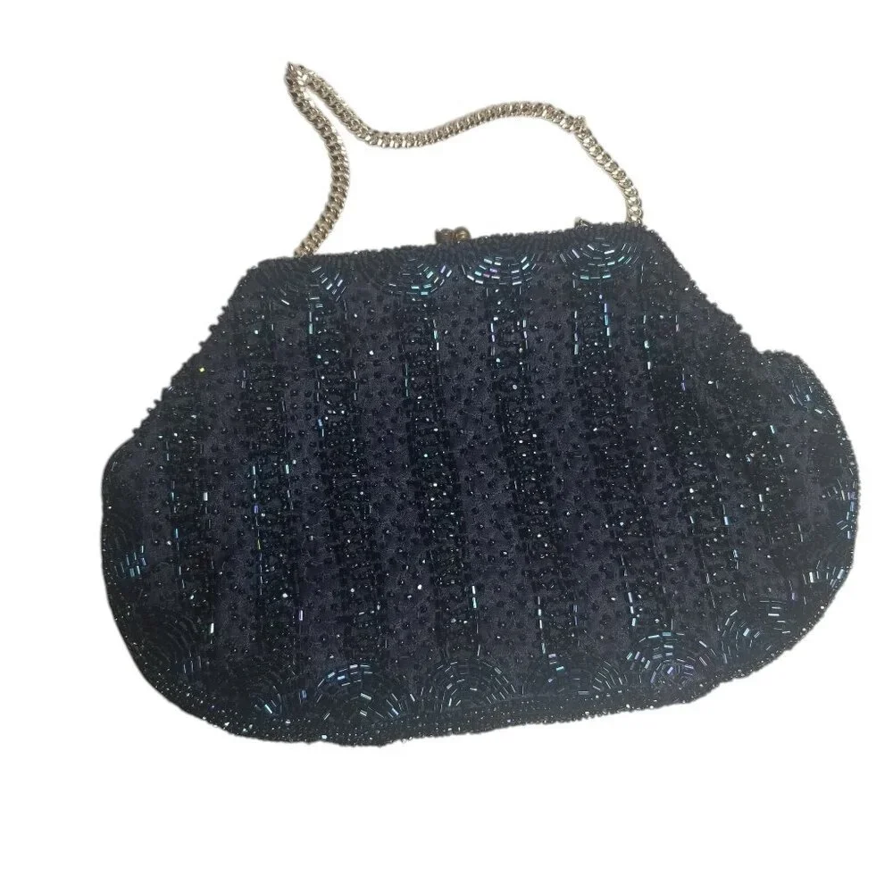 Vintage Frances Hirsch Handmade Beaded Navy Clutch Purse 50s 60s